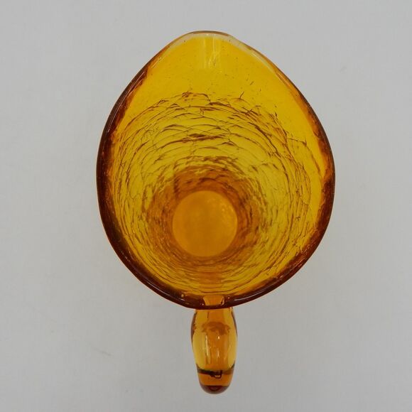 Crackle Glass Mini Pitcher Creamer Hand Blown 6 Inch Amber Applied Handle - Picture 7 of 9